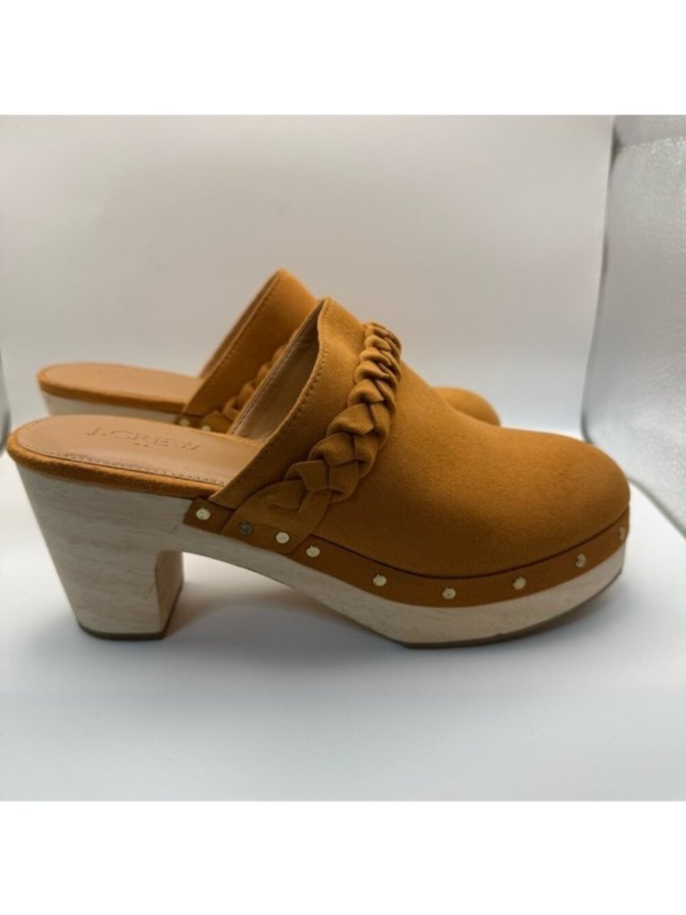 J.Crew Factory Wooden Heel Clog Mules Size 7 Tan Braided Strap Platform